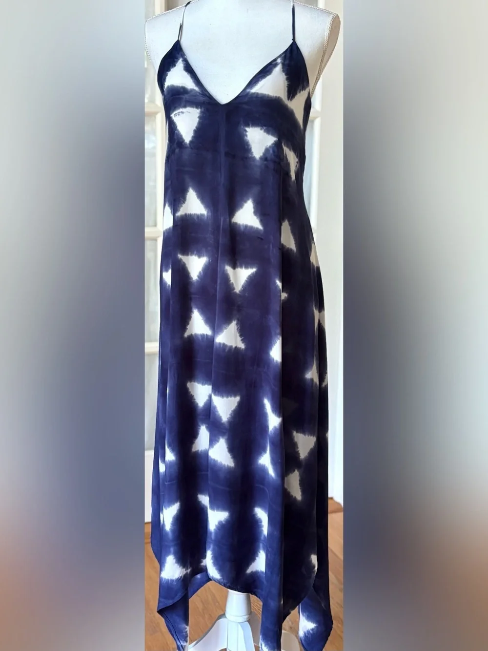 Splendid Shibori Tie Dye Handkerchief Hem Maxi Dress Blue Small